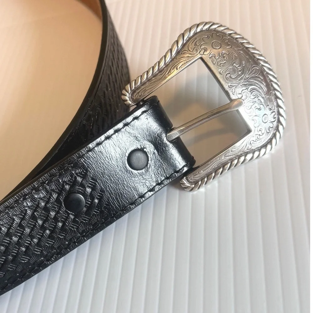 Nocona‎ Mens Black Leather Western Belt Ornate Silver Buckle Size 46